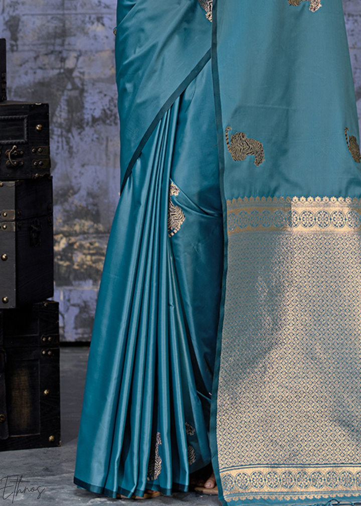 Teal Blue Majestic Feline Banarasi Satin Silk Saree