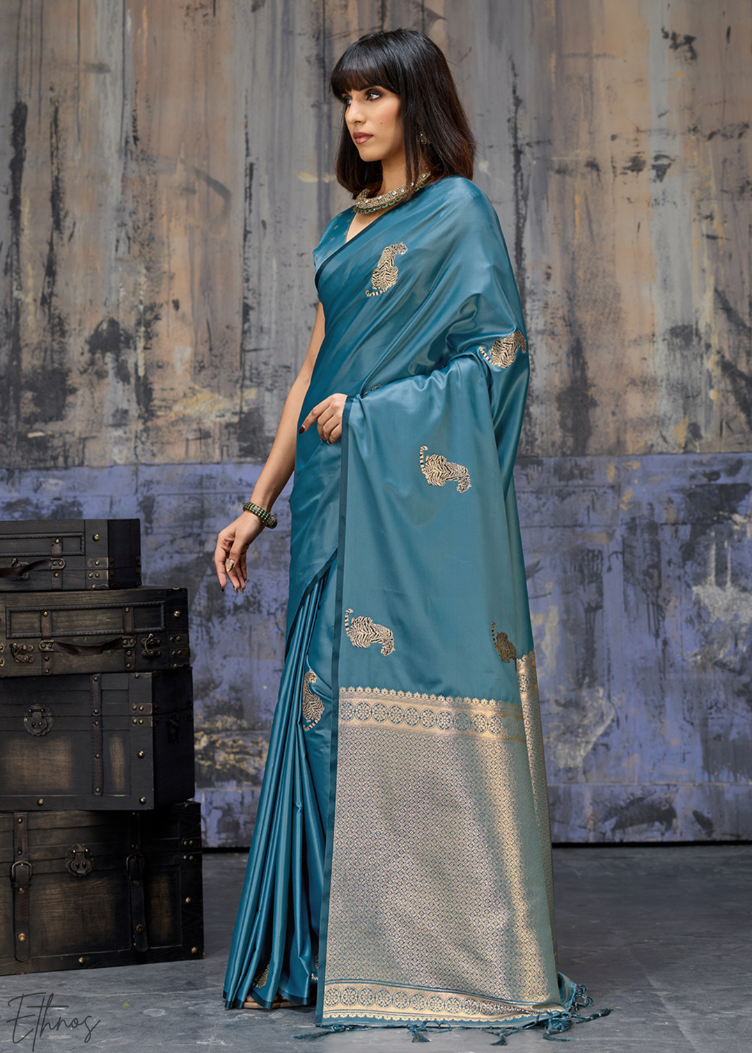 Teal Blue Majestic Feline Banarasi Satin Silk Saree