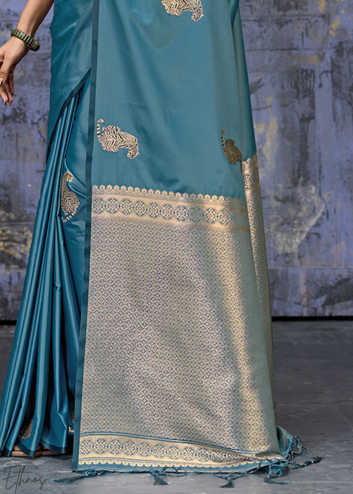 Teal Blue Majestic Feline Banarasi Satin Silk Saree