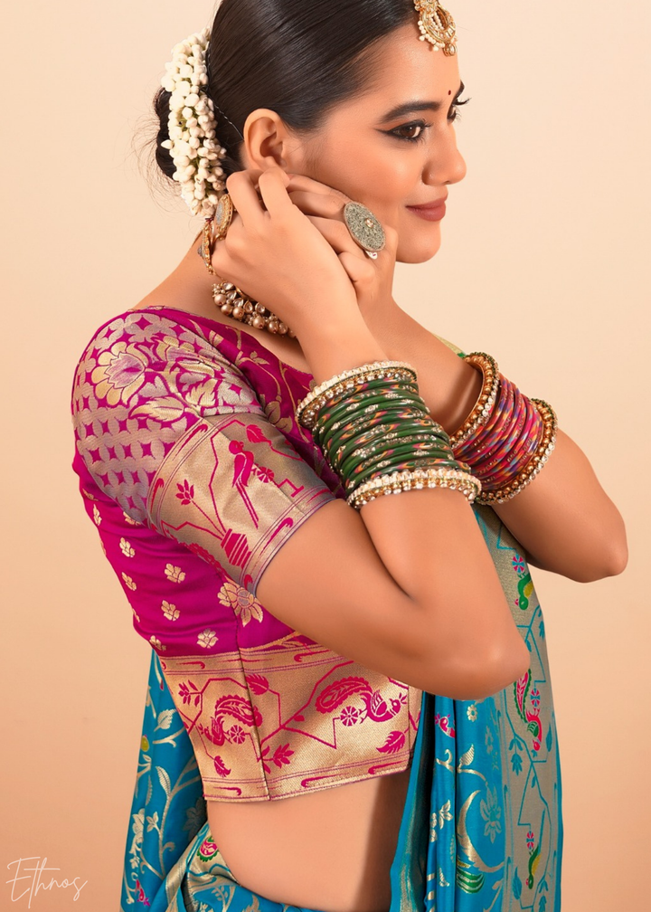 Teal Blue Menagerie Paithani Silk Saree