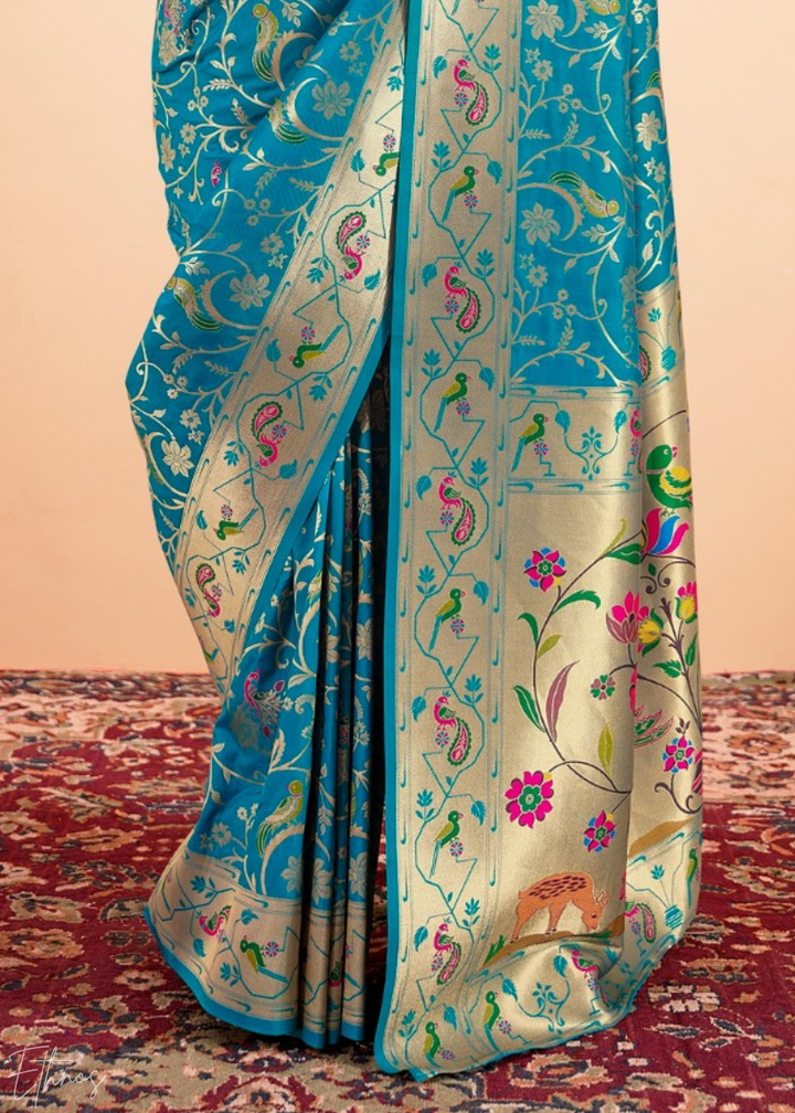 Teal Blue Menagerie Paithani Silk Saree