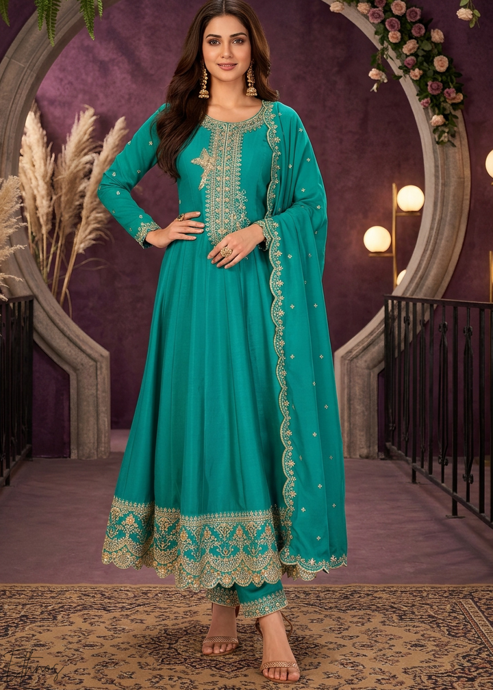 Teal Blue Neckline Border Embroidered Silk Anarkali Suit Set