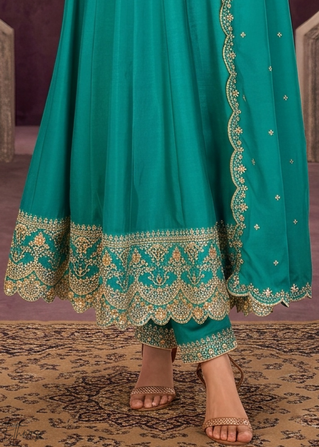 Teal Blue Neckline Border Embroidered Silk Anarkali Suit Set