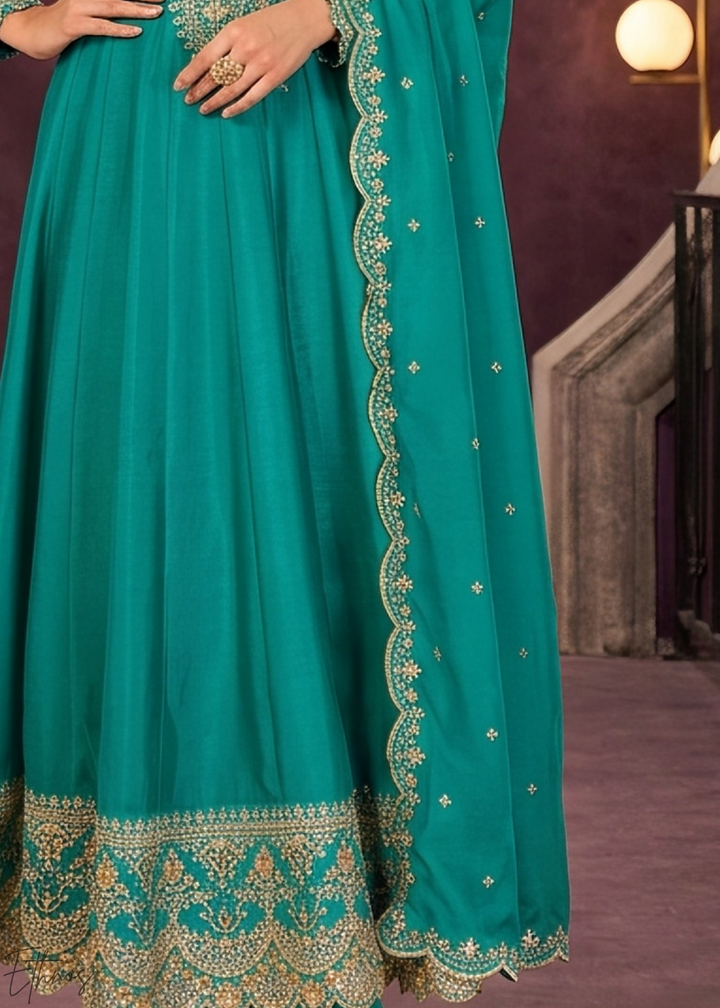 Teal Blue Neckline Border Embroidered Silk Anarkali Suit Set