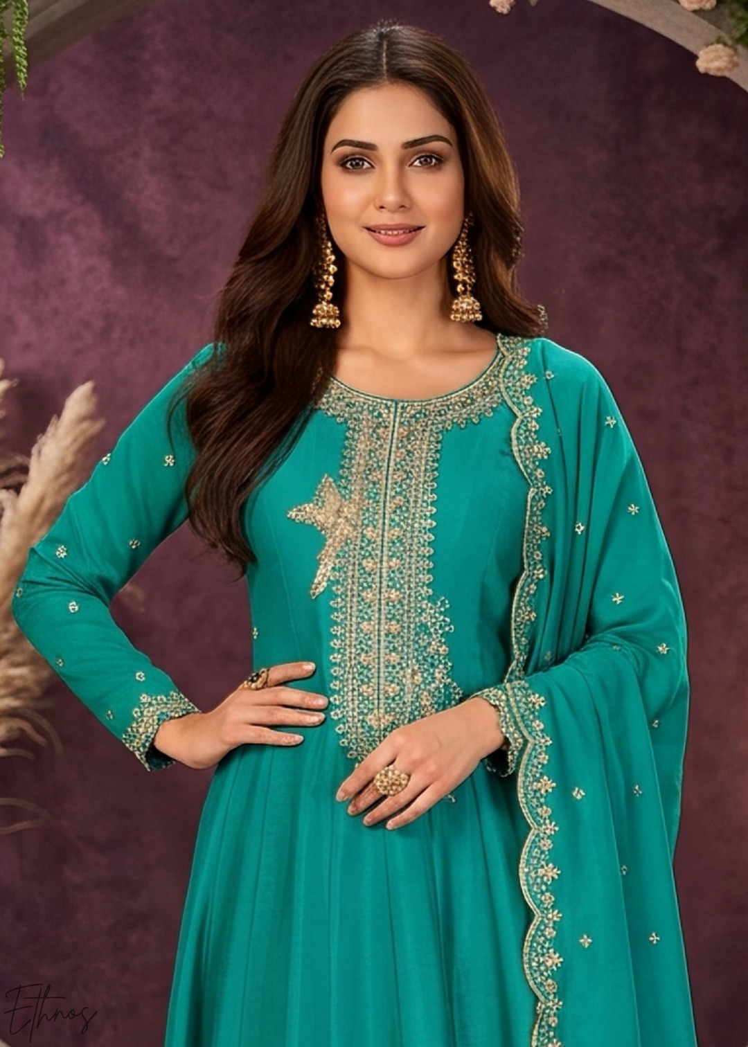 Teal Blue Neckline Border Embroidered Silk Anarkali Suit Set
