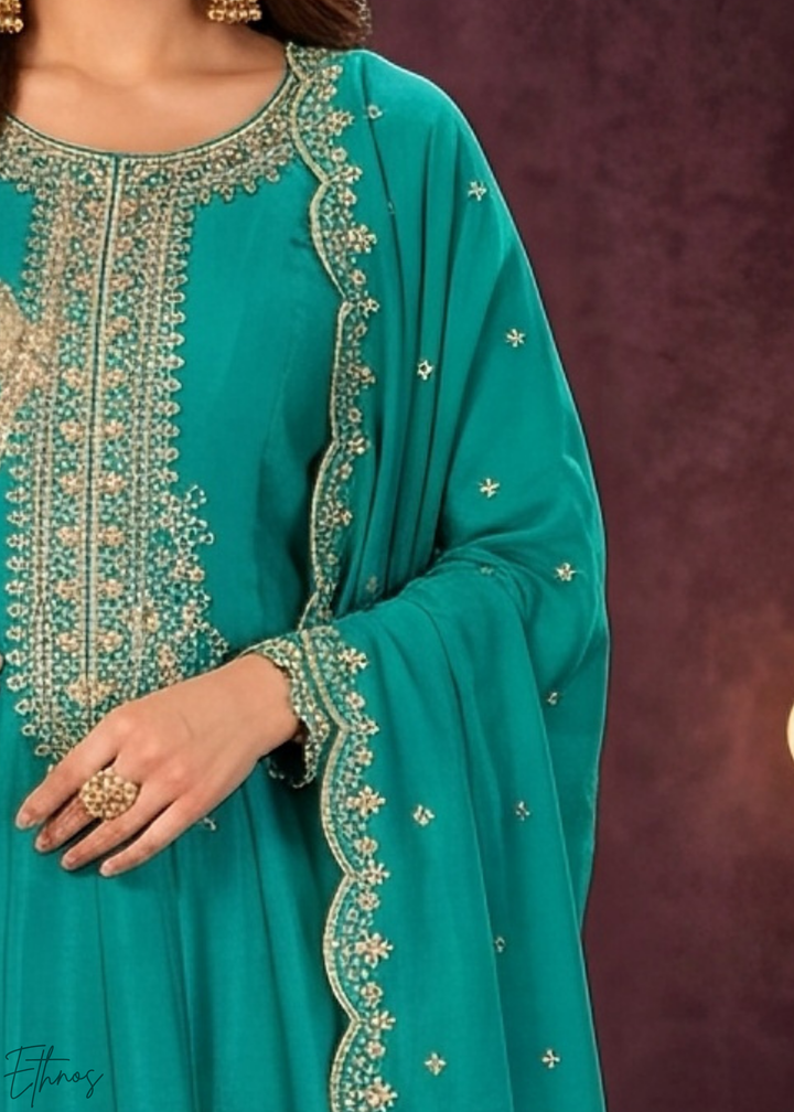 Teal Blue Neckline Border Embroidered Silk Anarkali Suit Set
