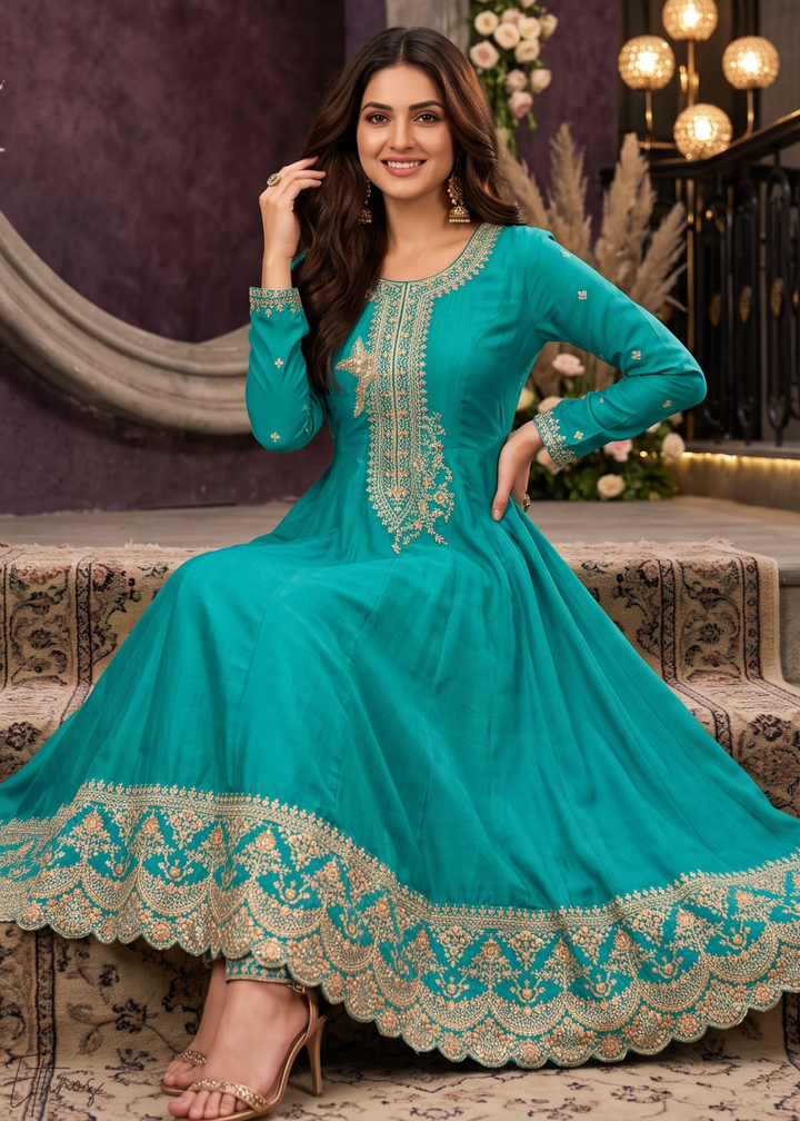 Teal Blue Neckline Border Embroidered Silk Anarkali Suit Set