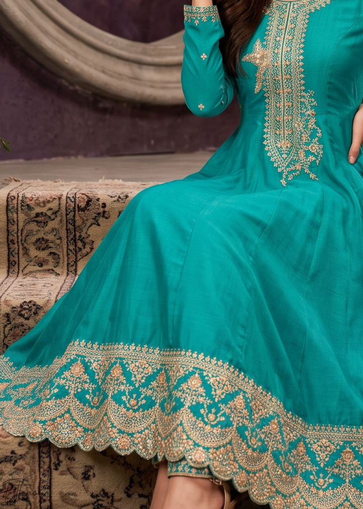 Teal Blue Neckline Border Embroidered Silk Anarkali Suit Set