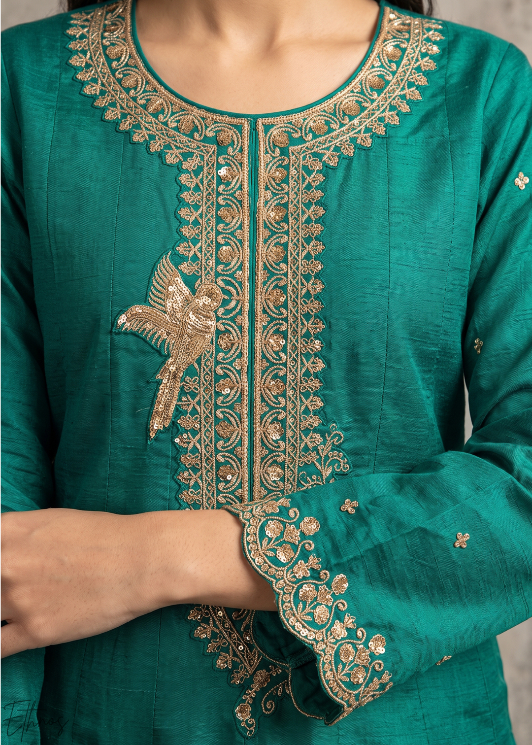 Teal Blue Neckline Border Embroidered Silk Anarkali Suit Set