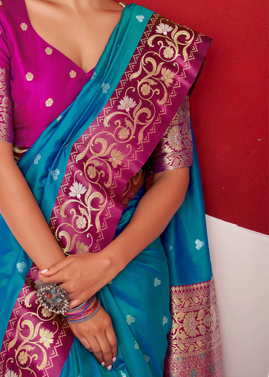 Soft Blue Paisley Border Satin Silk Saree