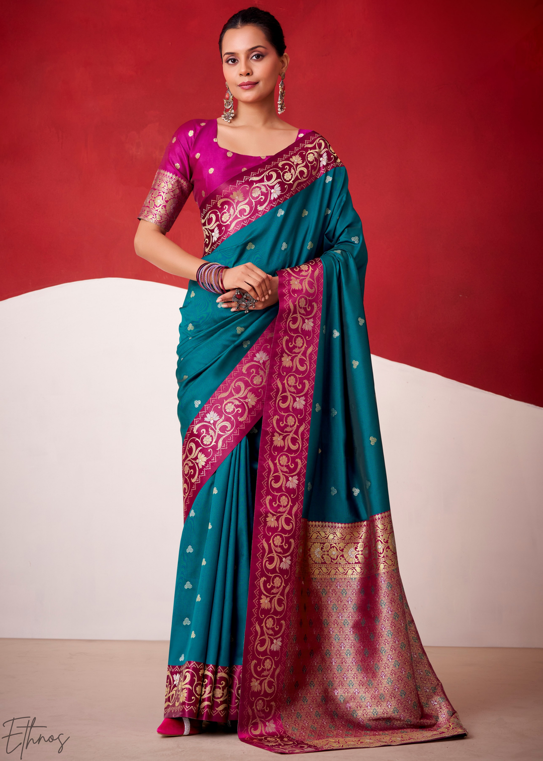 Teal Blue Paisley Border Satin Border Soft Silk Saree