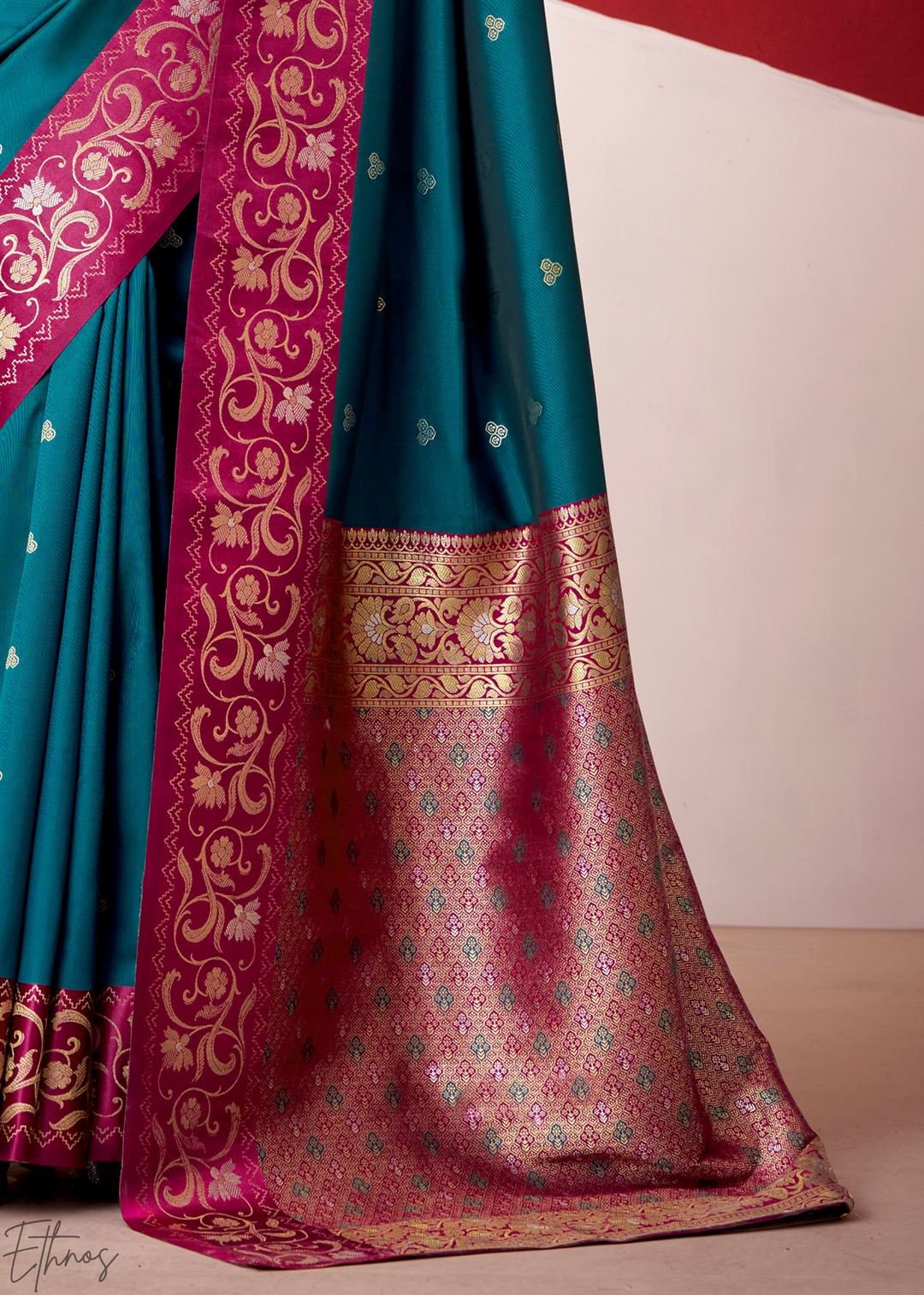 Teal Blue Paisley Border Satin Border Soft Silk Saree