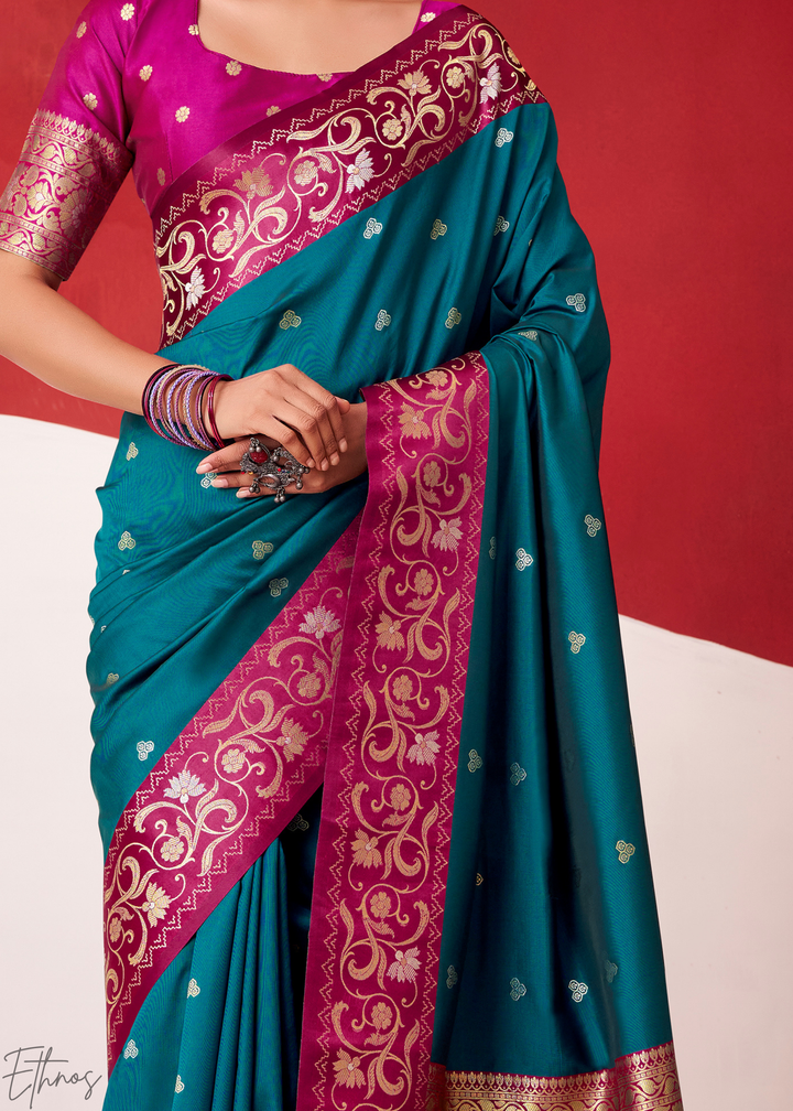 Teal Blue Paisley Border Satin Border Soft Silk Saree