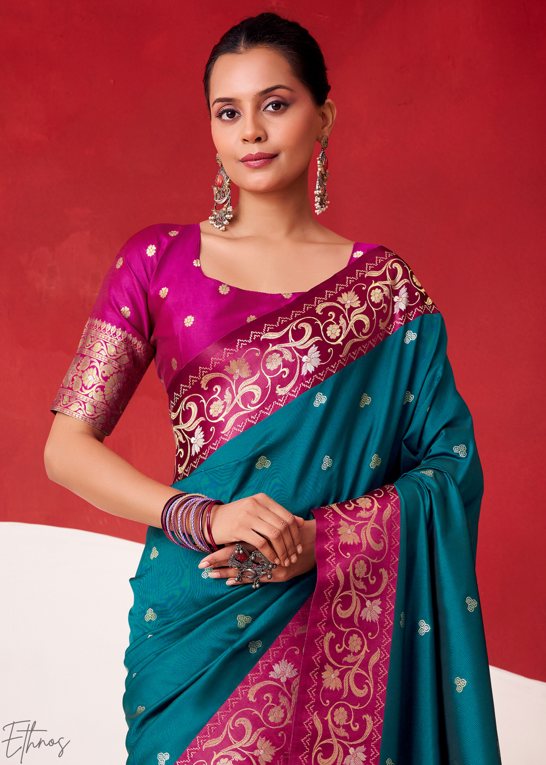 Teal Blue Paisley Border Satin Border Soft Silk Saree