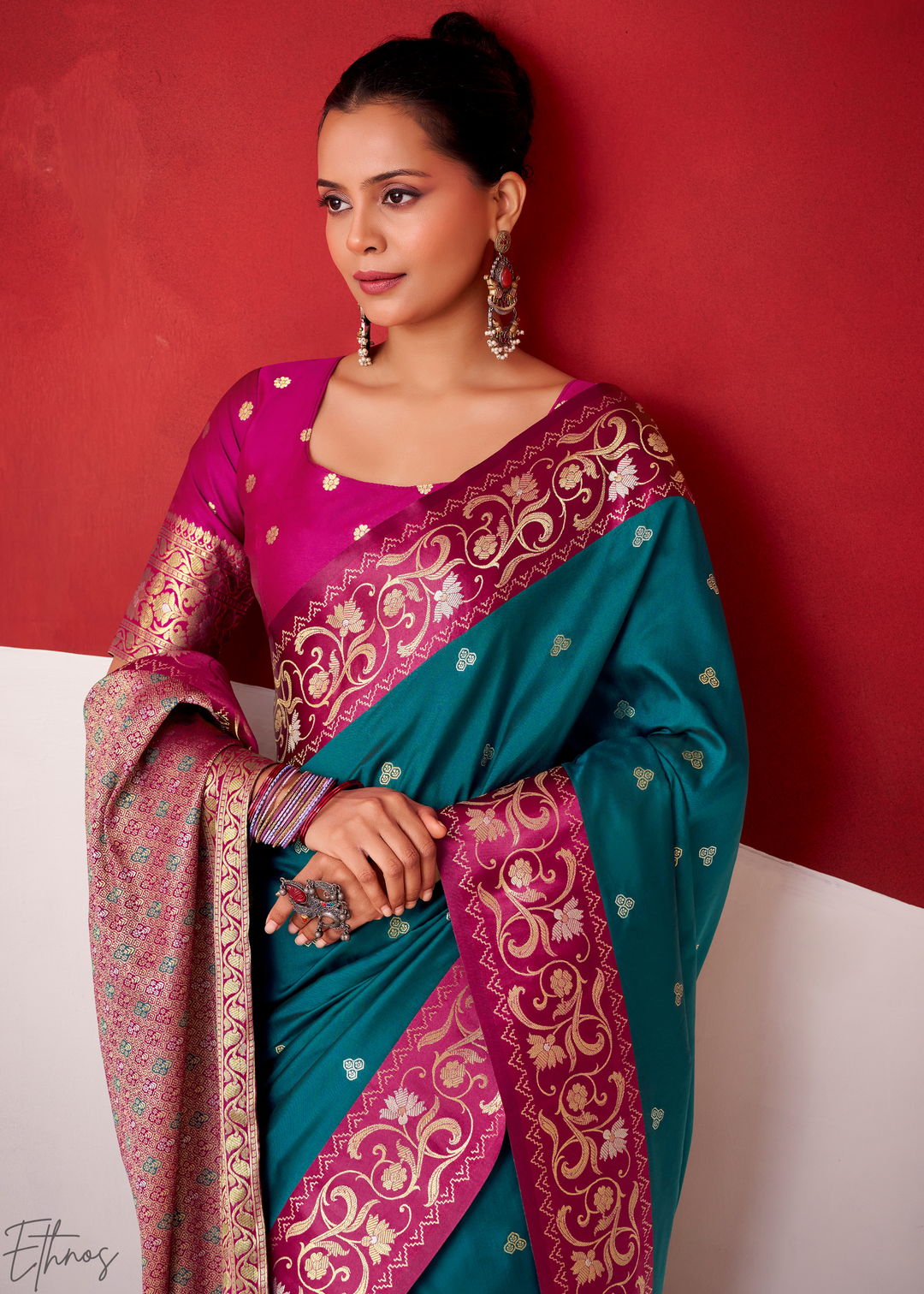 Teal Blue Paisley Border Satin Border Soft Silk Saree