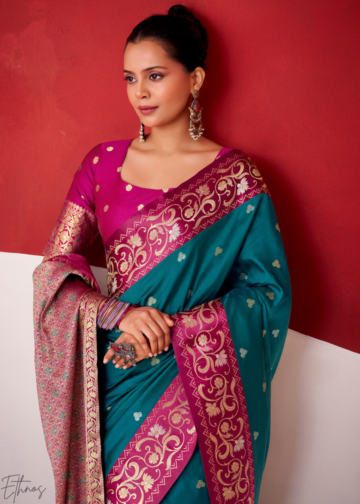 Teal Blue Paisley Border Satin Border Soft Silk Saree