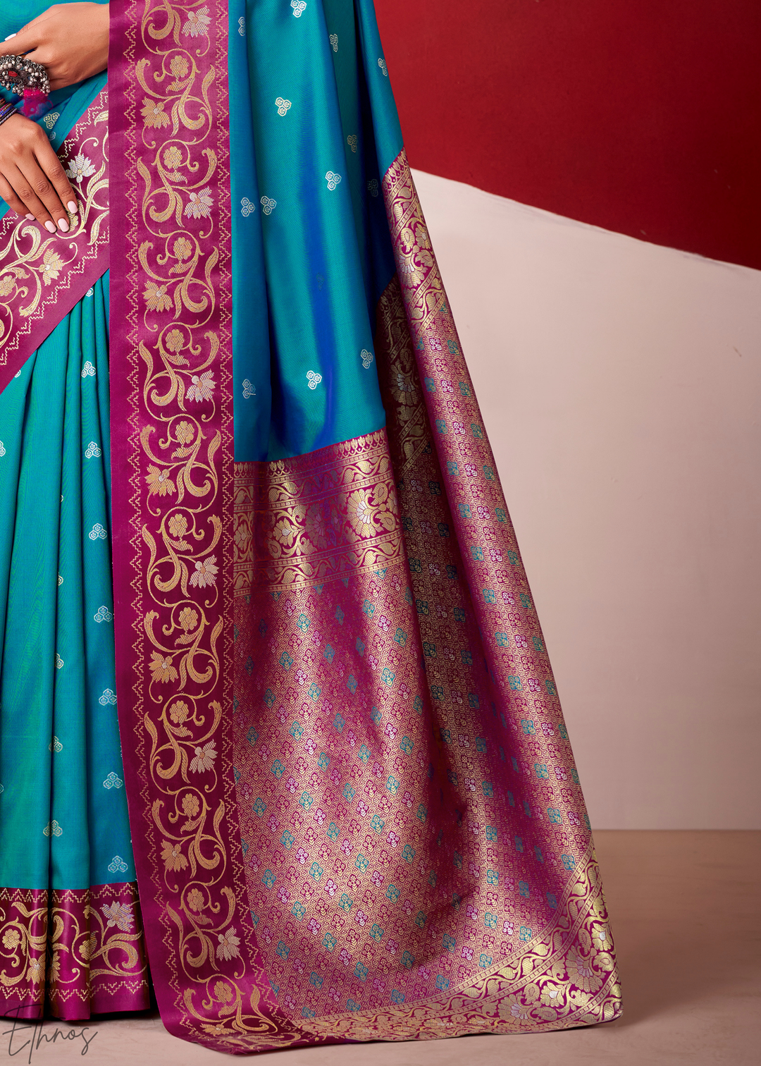 Soft Blue Paisley Border Satin Silk Saree