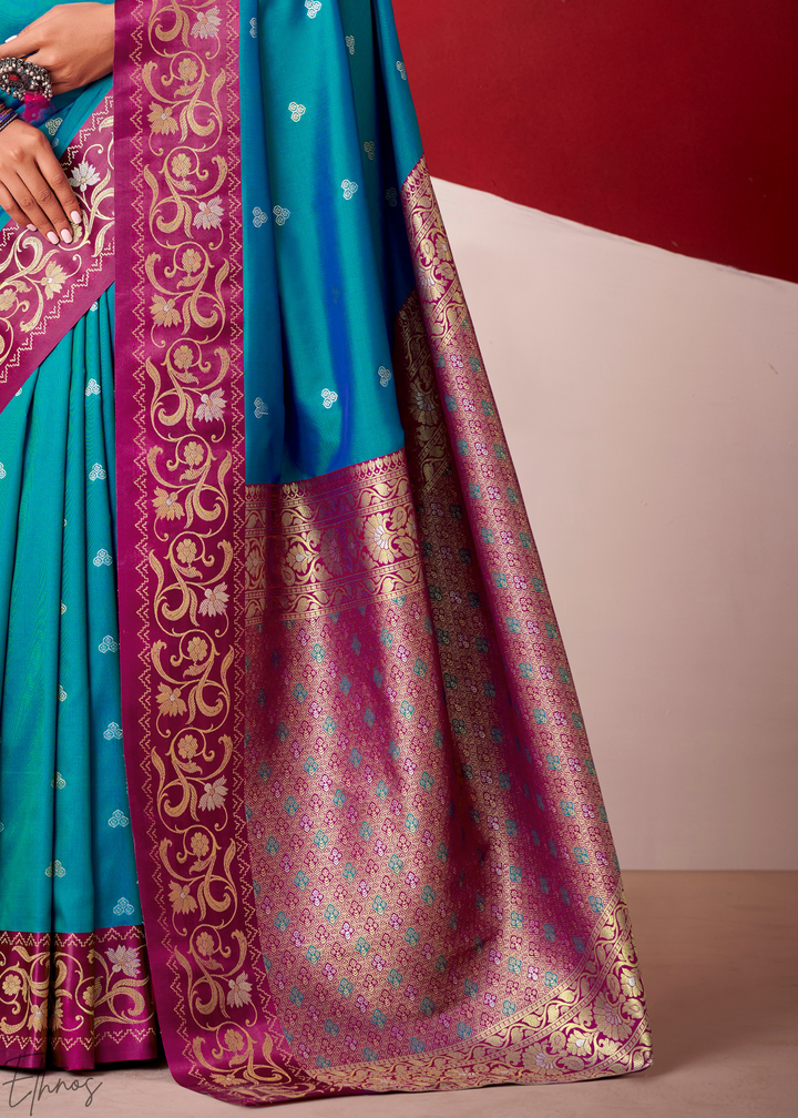 Soft Blue Paisley Border Satin Silk Saree