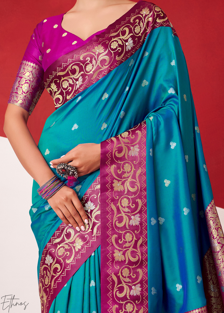 Soft Blue Paisley Border Satin Silk Saree
