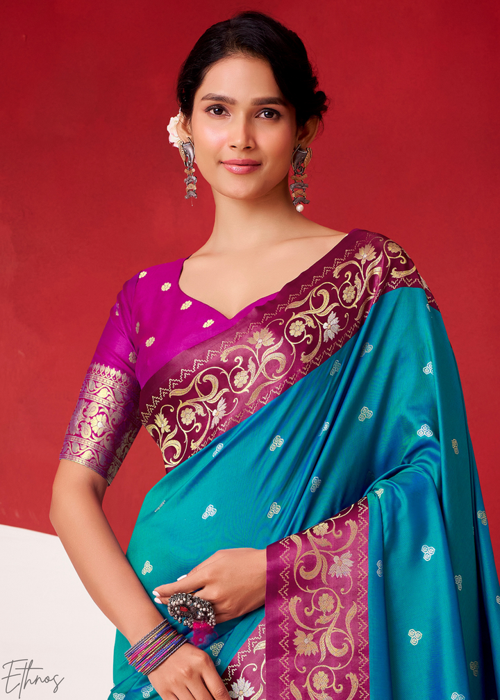 Soft Blue Paisley Border Satin Silk Saree