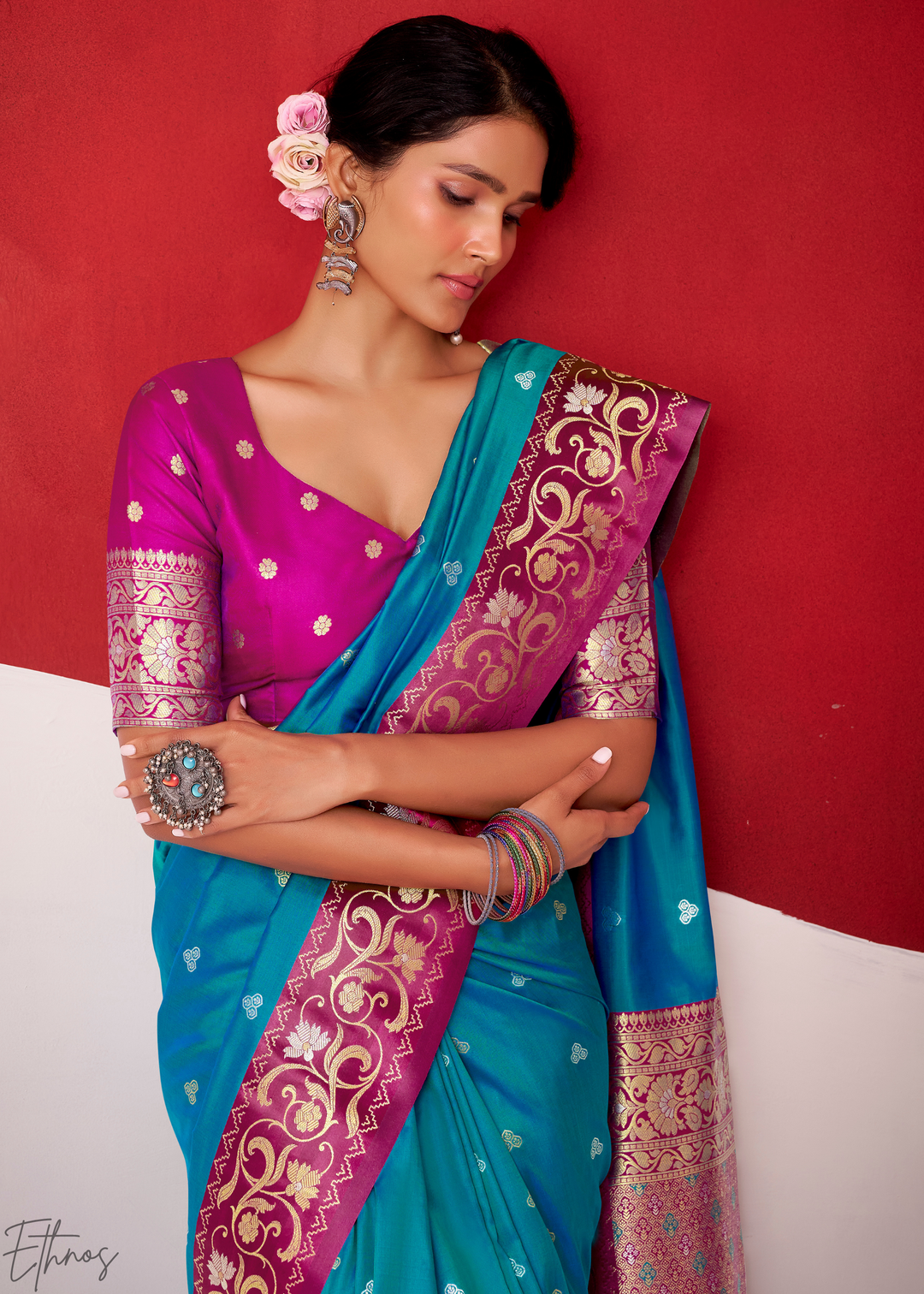 Soft Blue Paisley Border Satin Silk Saree