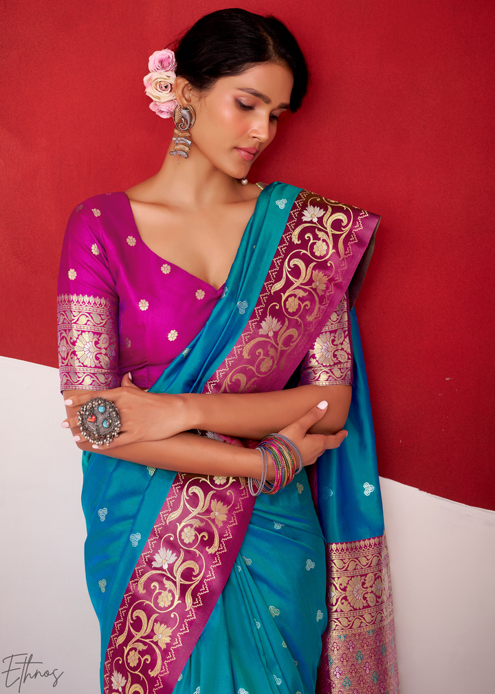 Soft Blue Paisley Border Satin Silk Saree