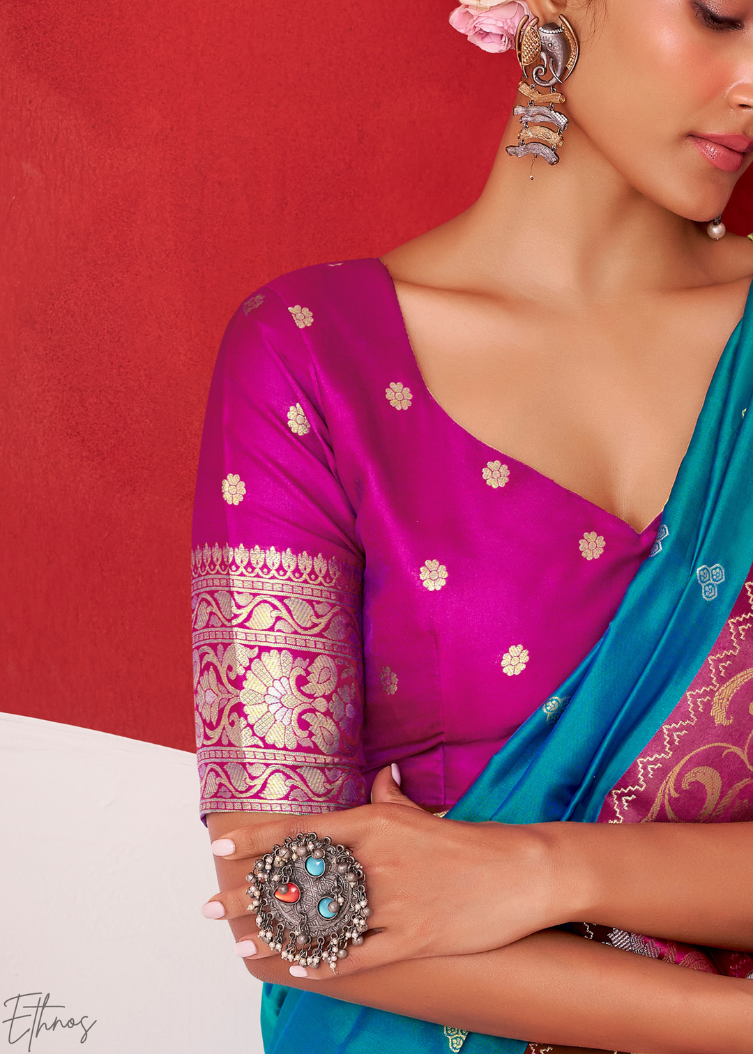 Soft Blue Paisley Border Satin Silk Saree