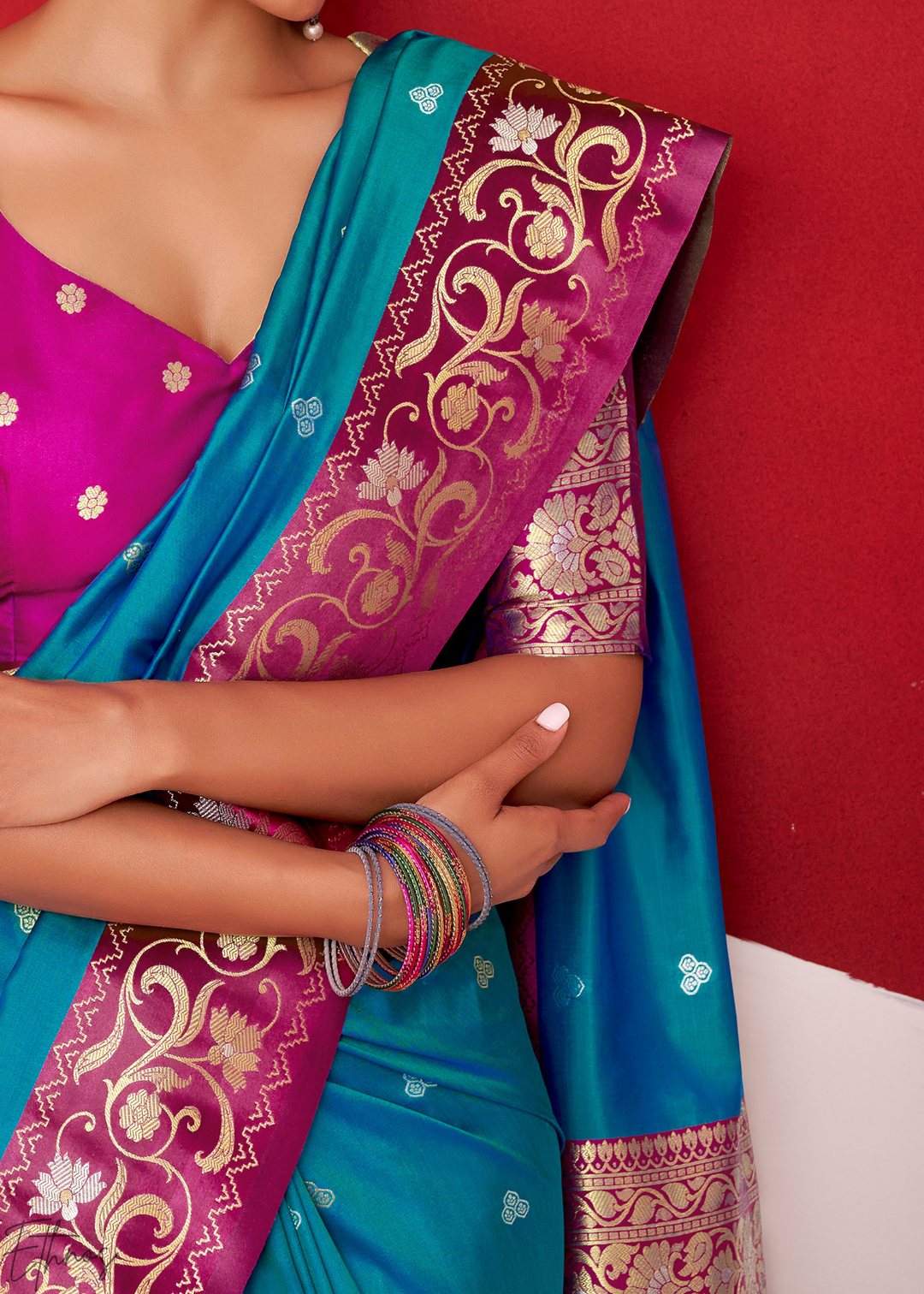 Soft Blue Paisley Border Satin Silk Saree