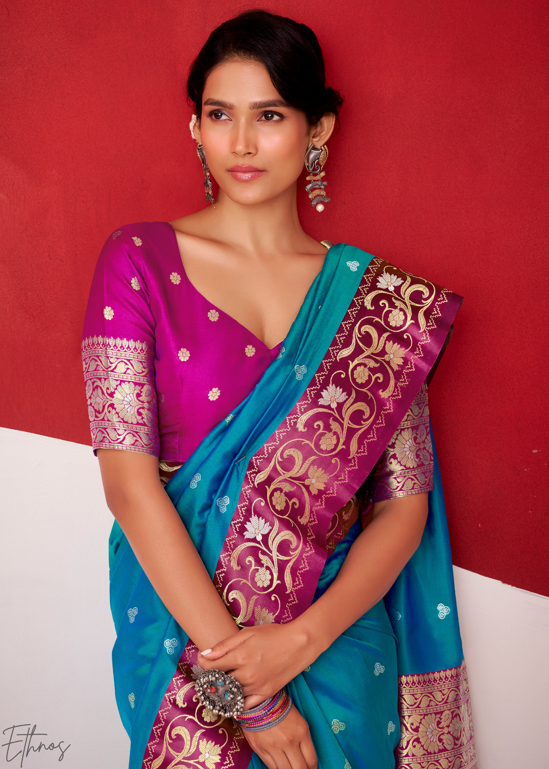 Soft Blue Paisley Border Satin Silk Saree