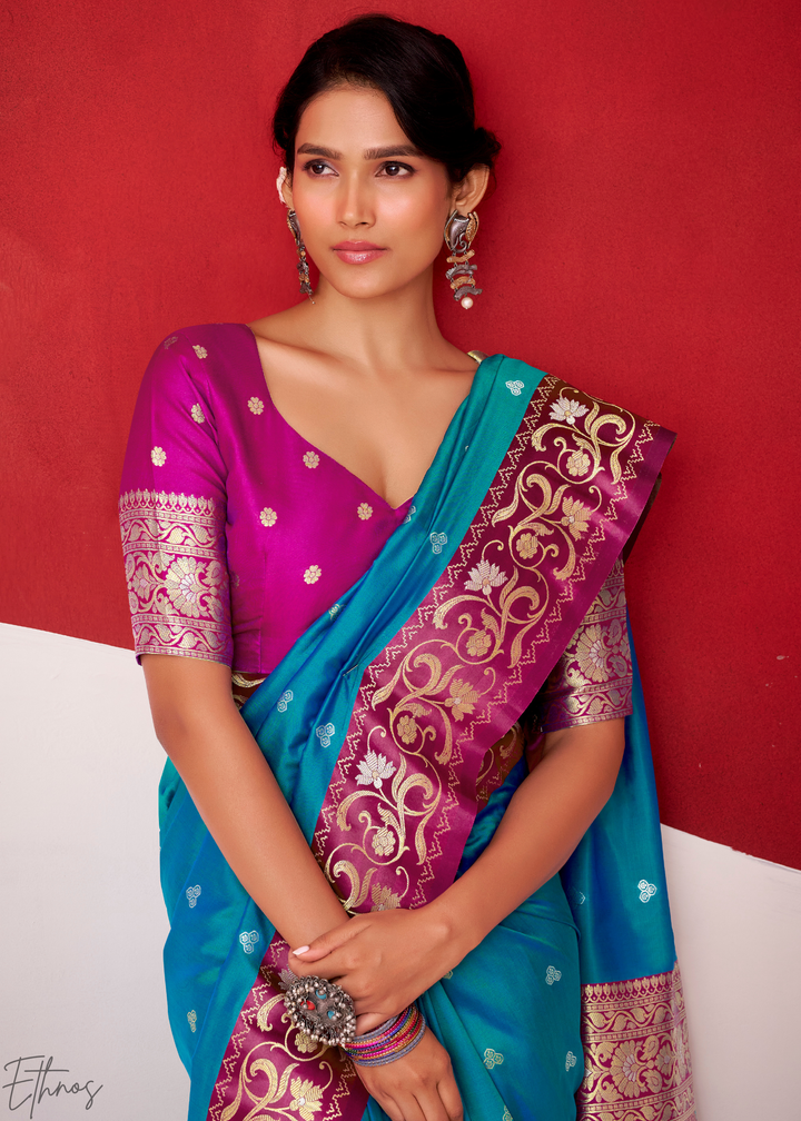 Soft Blue Paisley Border Satin Silk Saree