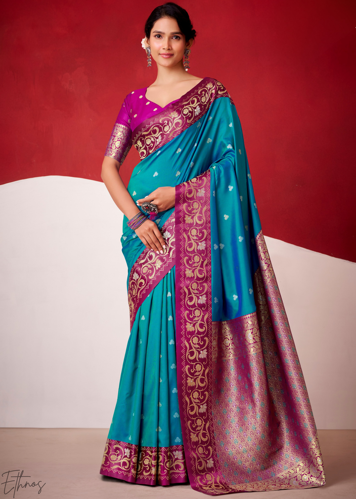 Soft Blue Paisley Border Satin Silk Saree