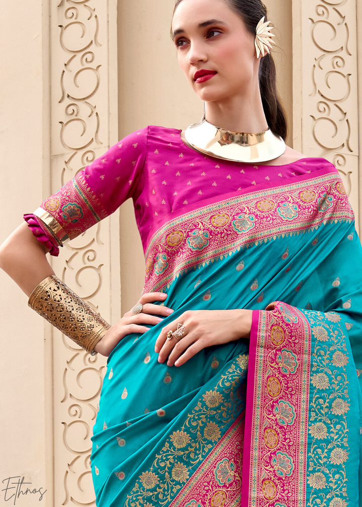 Teal Blue Banarasi Silk Saree