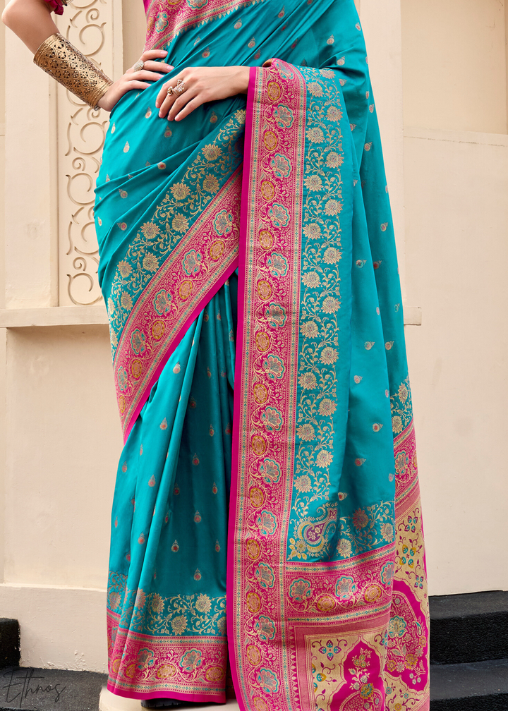 Teal Blue Banarasi Silk Saree