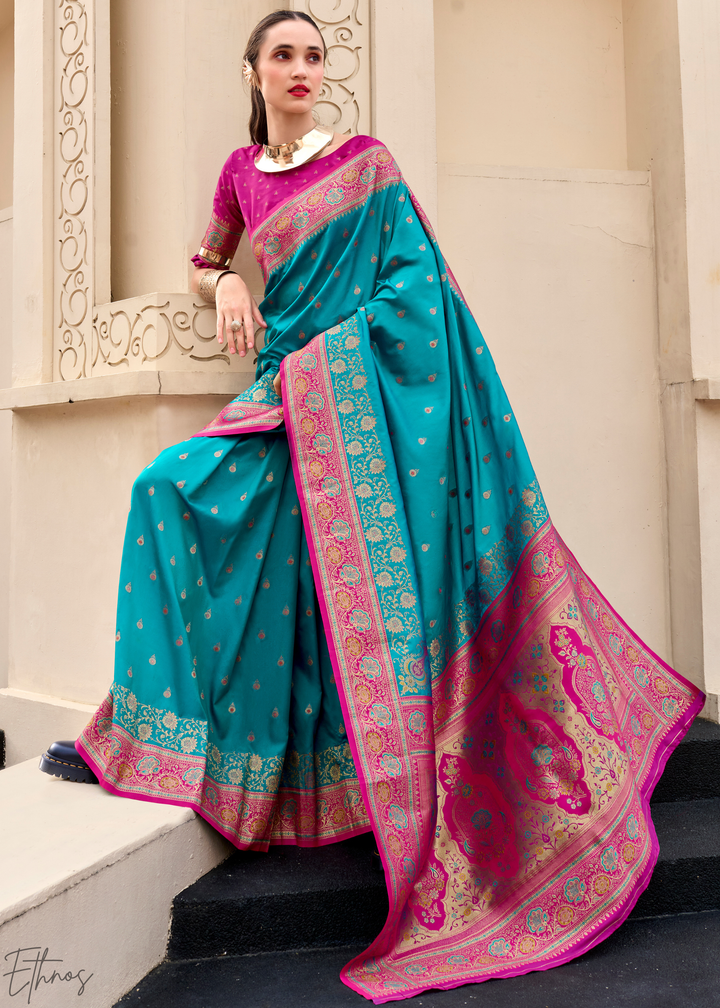 Teal Blue Banarasi Silk Saree