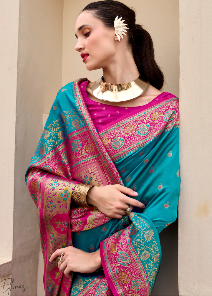 Teal Blue Banarasi Silk Saree