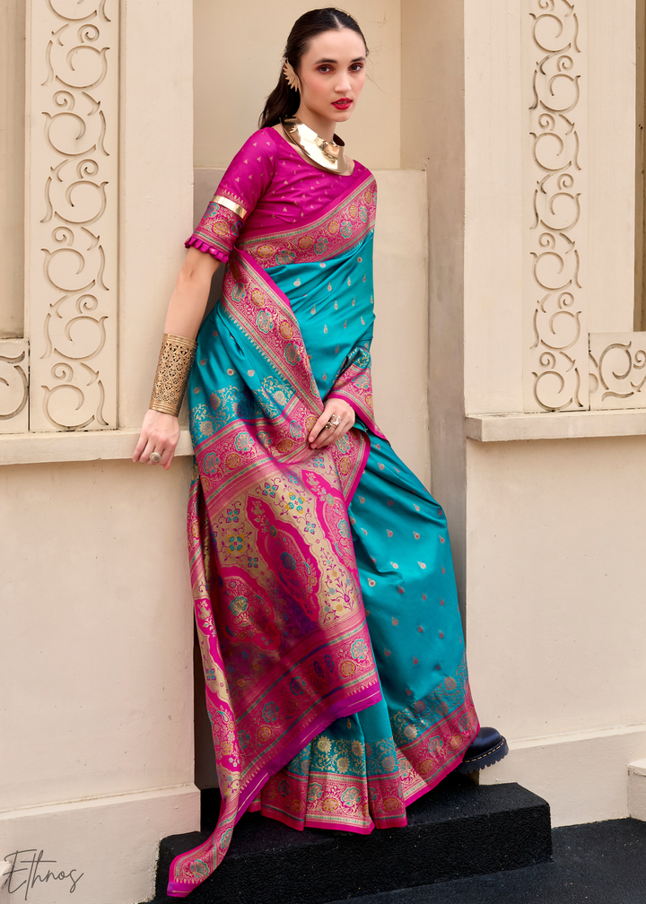 Teal Blue Banarasi Silk Saree