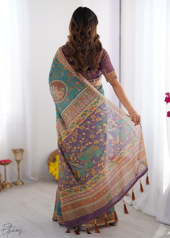 Teal Blue & Purple Heritage Cotton Linen Saree