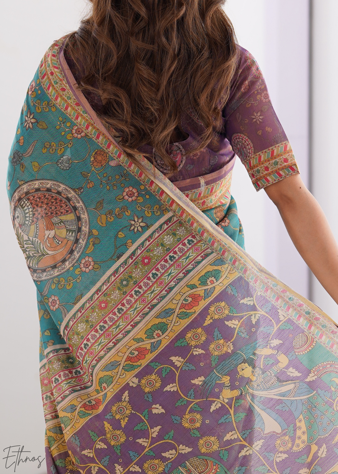 Teal Blue & Purple Heritage Cotton Linen Saree