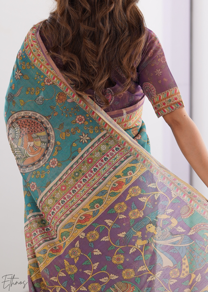 Teal Blue & Purple Heritage Cotton Linen Saree