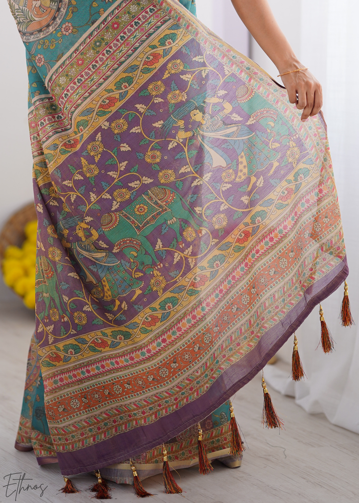 Teal Blue & Purple Heritage Cotton Linen Saree