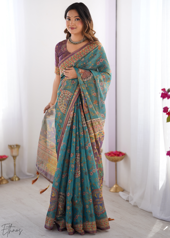 Teal Blue & Purple Heritage Cotton Linen Saree