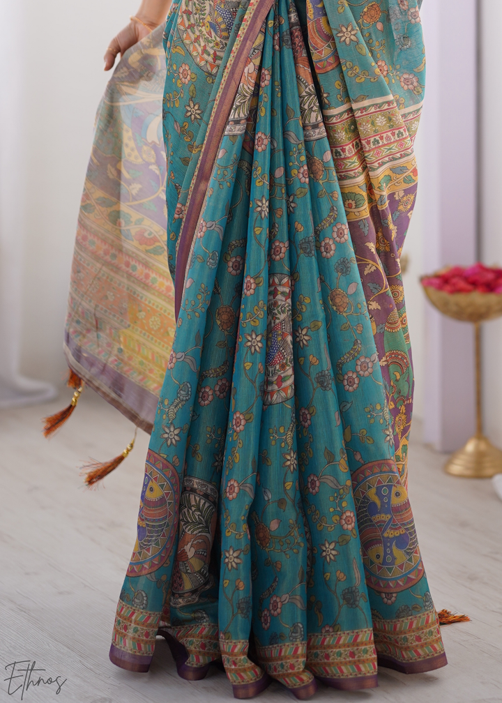 Teal Blue & Purple Heritage Cotton Linen Saree