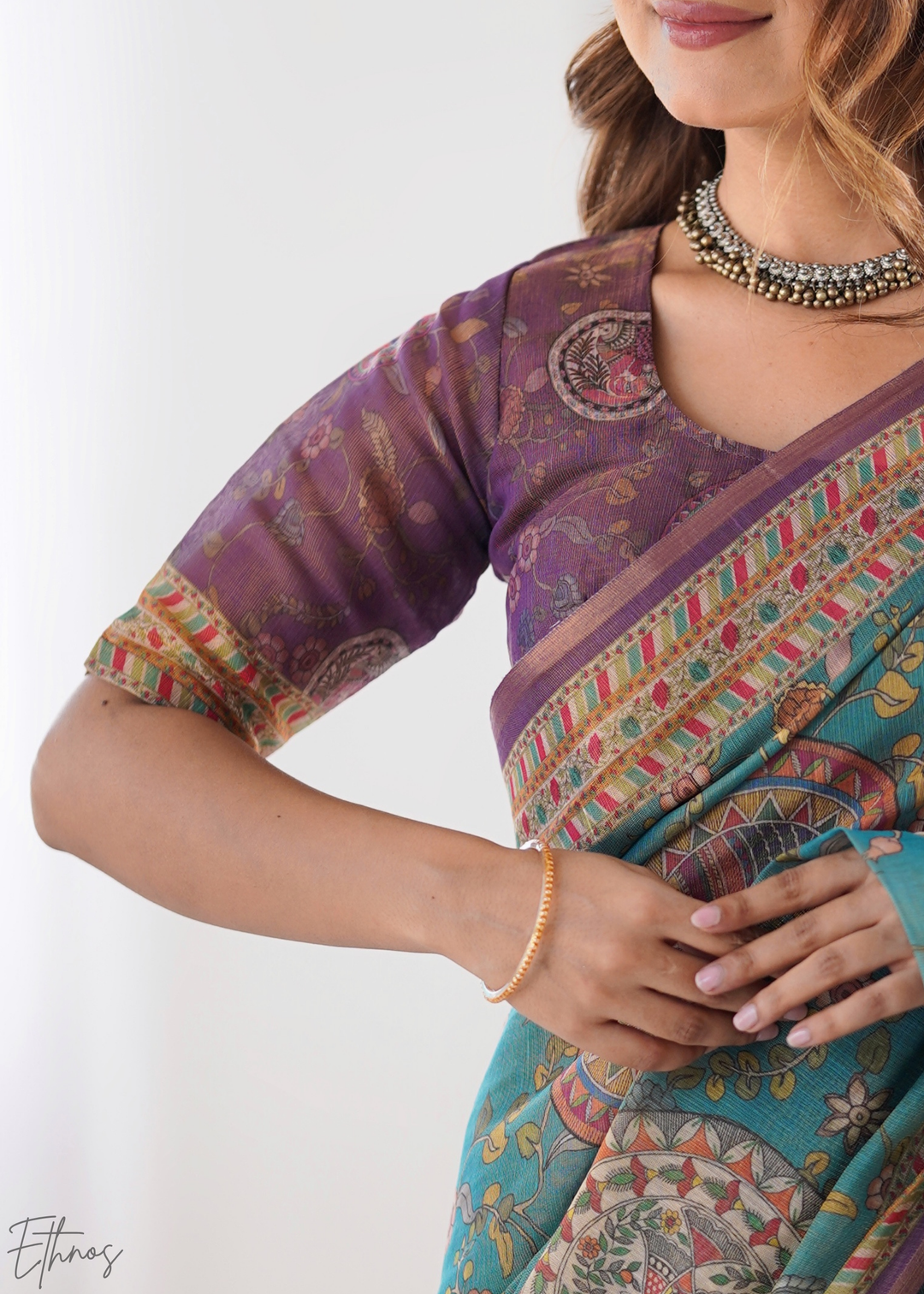 Teal Blue & Purple Heritage Cotton Linen Saree