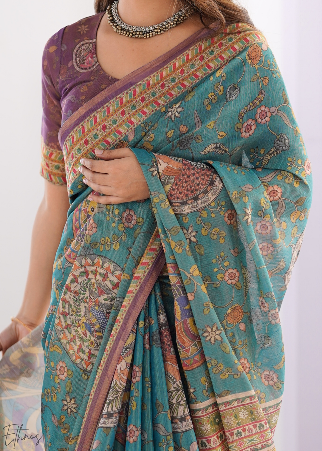 Teal Blue & Purple Heritage Cotton Linen Saree