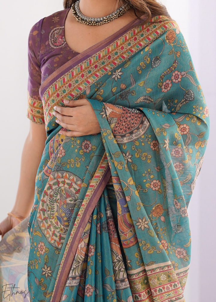 Teal Blue & Purple Heritage Cotton Linen Saree