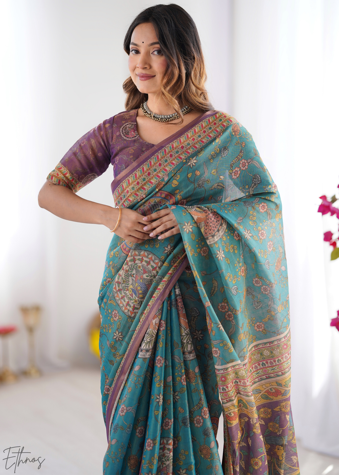 Teal Blue & Purple Heritage Cotton Linen Saree