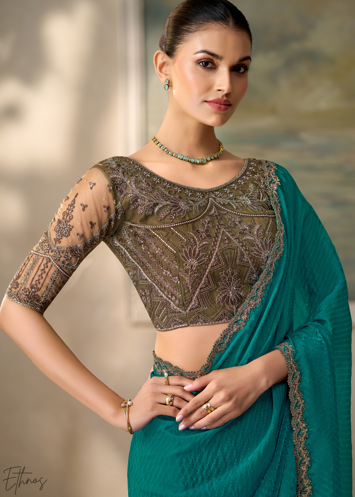 Teal Blue Ruffle Border Georgette Saree