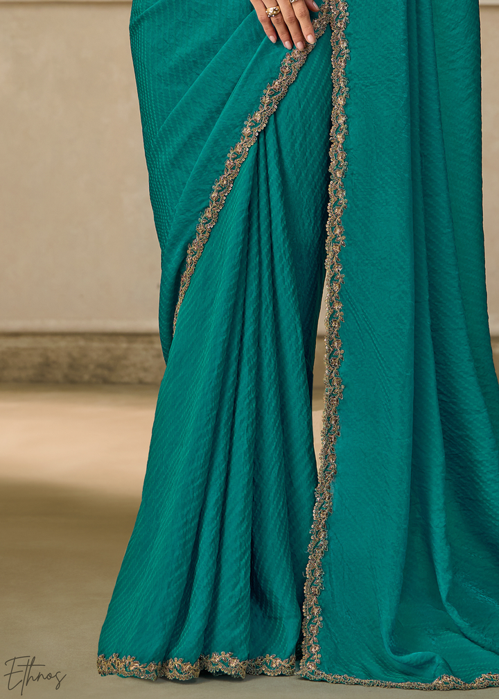 Teal Blue Ruffle Border Georgette Saree