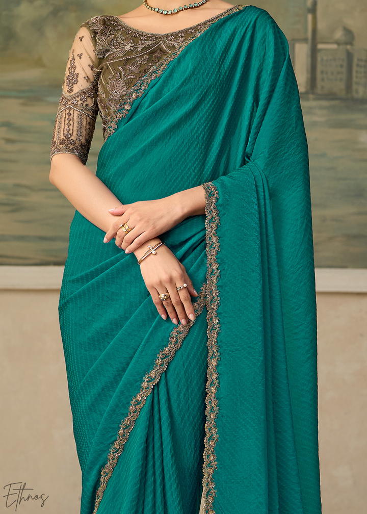 Teal Blue Ruffle Border Georgette Saree