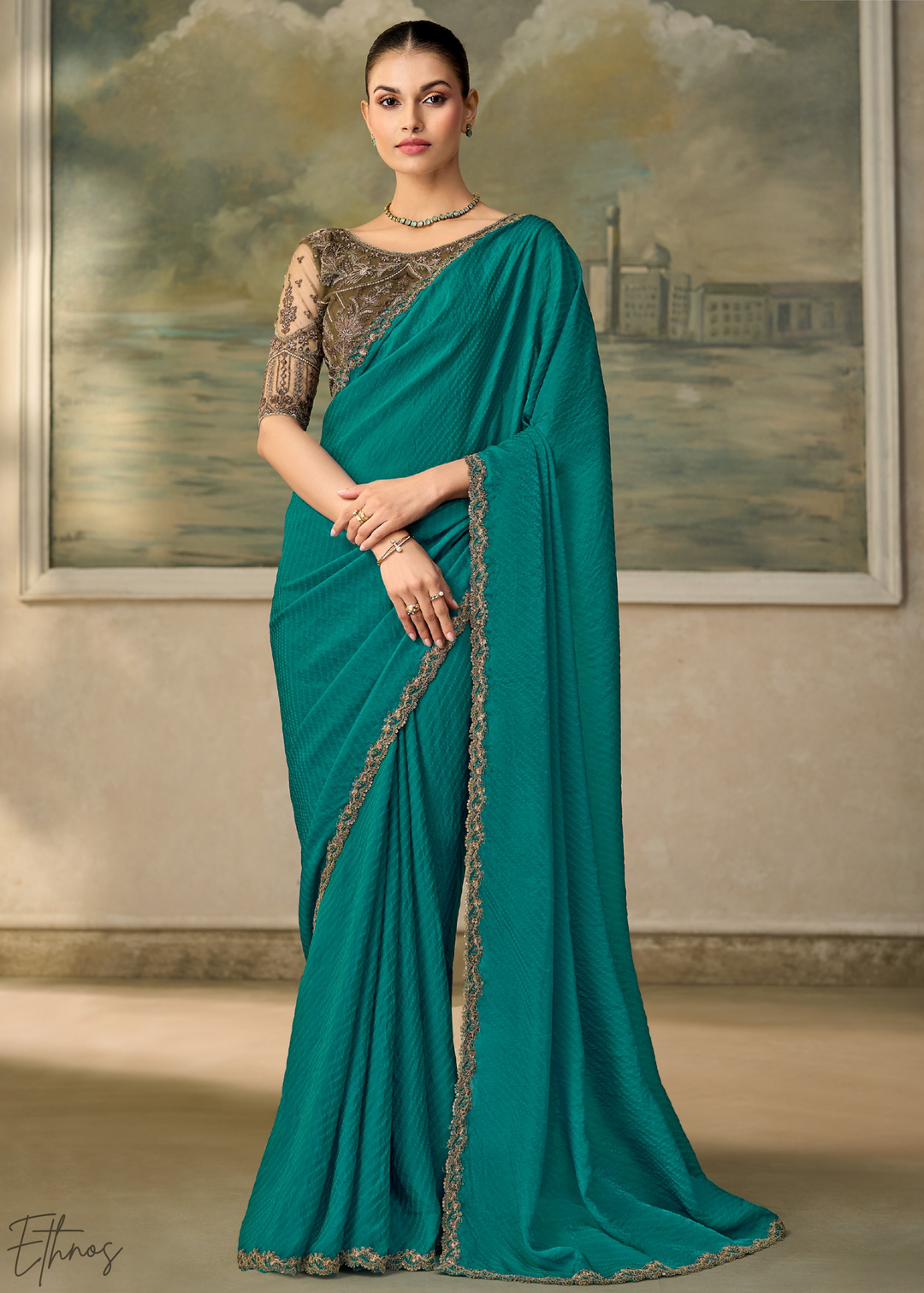 Teal Blue Ruffle Border Georgette Saree